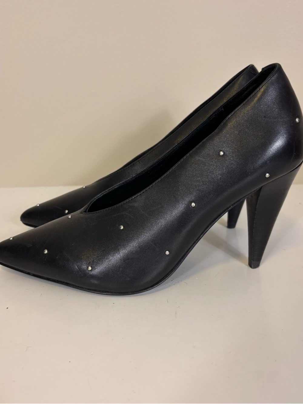 All Saints Black Leather Pointed Toe Studded High Heels 35